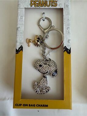 Peanuts Silver Rhinestone Snoopy Keychain with Gold Woodstock Charm Purse Charm
